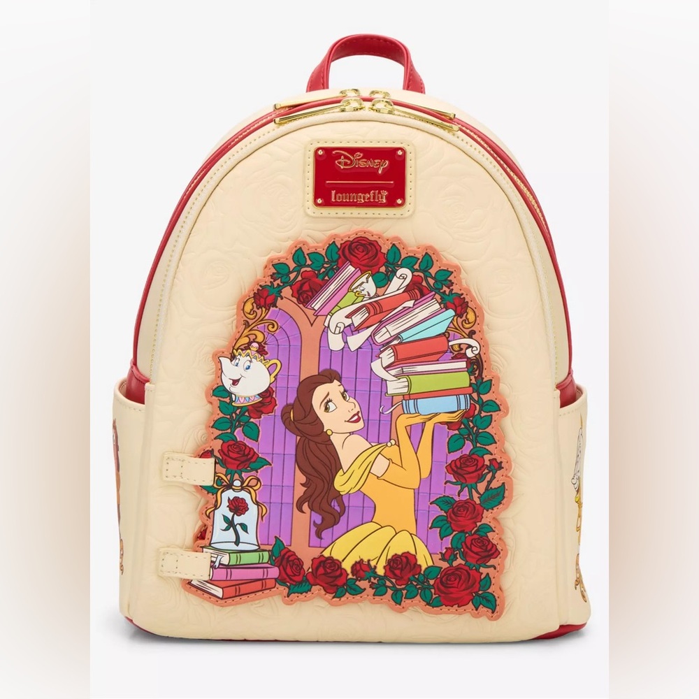 Loungefly Disney Beauty and the Beast Belle Roses Magnetic Door Mini Backpack